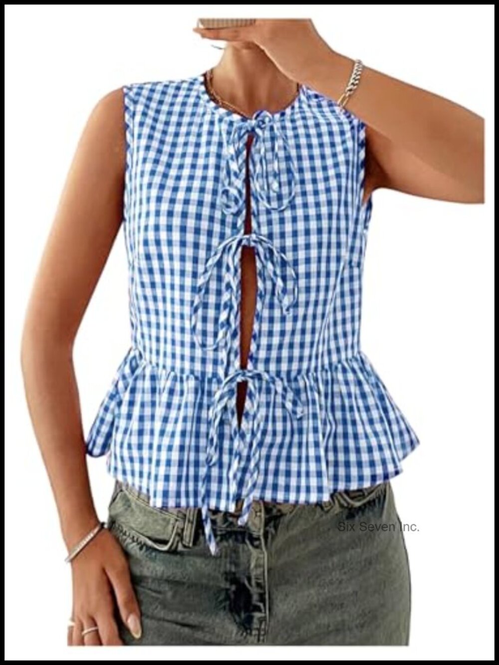 Sleeveless Gingham Peplum Tank Top Tie Front Ruffle Summer Blouse